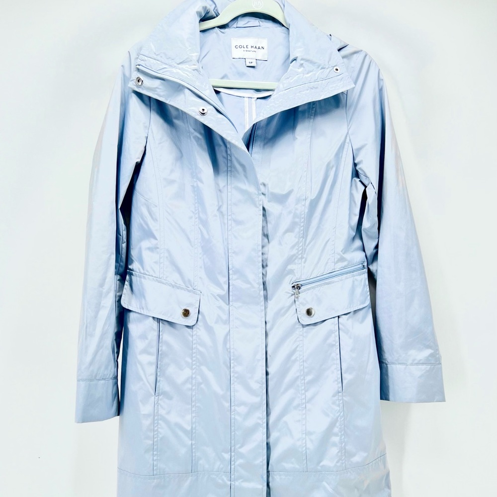COLE HAAN Signature Coat in ice blue. Never worn. Size S/P, buttons & zipper.